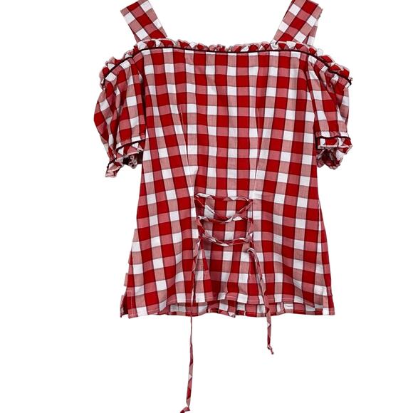 NWOT SPIETH&WENSKY Top 32~XS Plaid Oktoberfest Ruffle Floral-Embroidery-Button - Picture 2 of 8